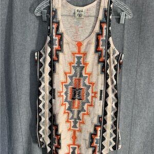 Vocal Tribal Print Tank Top Southwestern Aztec pattern Long Tunic Bling Edgy Lg